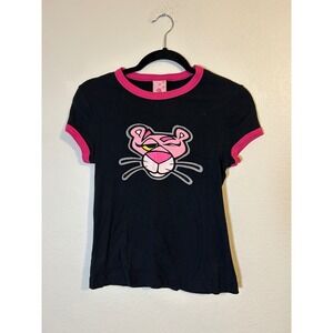 Vintage 2002 Pink Panther Ringer T-Shirt Kids Medium Black Pink Jerry Leigh Y2K